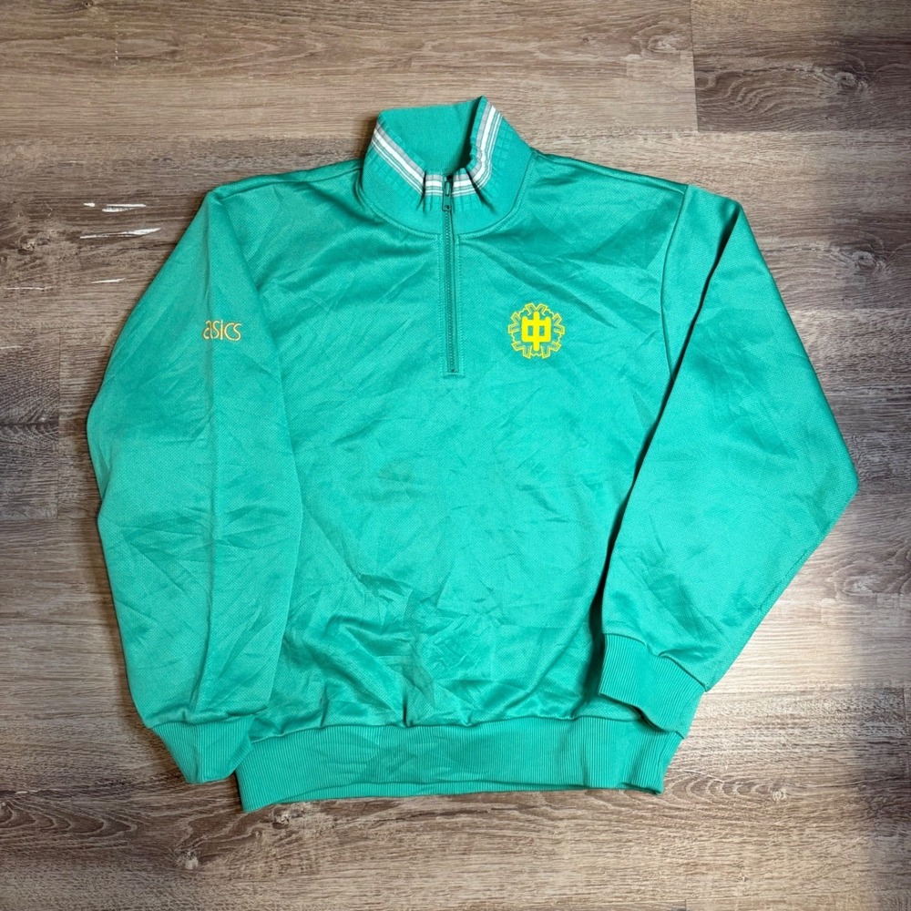 Vintage Asics Quarter Zip Pullover Green Yellow Graphic Mock Neck Sweatshirt